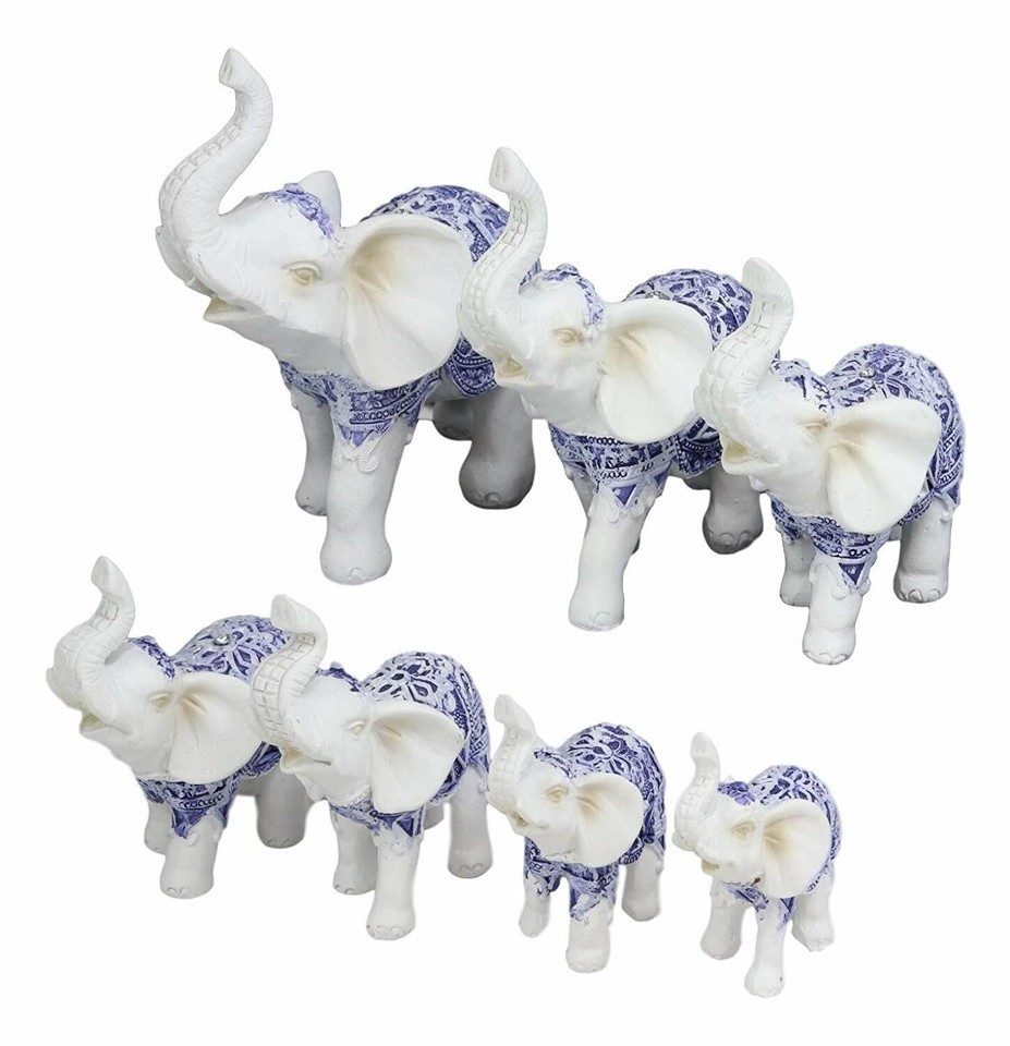 Blue White Feng Shui Miniature Thai Buddhism Elephants With Trunks Up Se... - $34.99