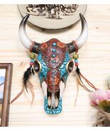 Southwest Tooled Leather Cow Skull With Turquoise Gems And Feathers Wall... - €41,82 EUR