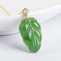 Natural Spinach Green Hetian Jade Gold 18K Inlay Leaf Pendant, Gift for Girlfrie - £148.94 GBP