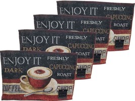 Set of 4 Tapestry Placemats, 13&quot;x19&quot;, COFFEE CUP, ENJOY IT,DARK COFFEE S... - £15.52 GBP