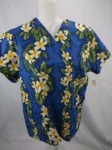 Local Design Womens Scrub Top Sz S Blue W/ White Hawaiian Floral &amp; Ferns Nurse - £10.38 GBP