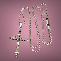 Vintage sterling silver turquoise leaves cross necklace 23” - £67.94 GBP