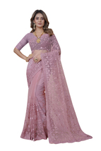 Designer Dusty Pink Heavy Resham Stone Embroidery Work Sari Net Party We... - $89.95