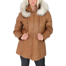 DR270 Women&#39;s Leather Coat with Fur Hood Winter Tan - £175.13 GBP