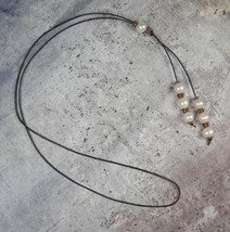 Freshwater Pearl Copper Spacer Black Leather Beaded Necklace Handmade Boho  - £23.80 GBP