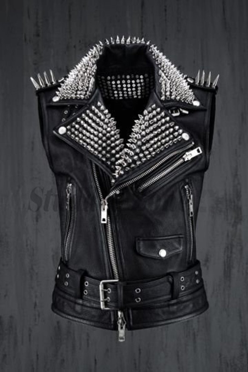 VEST JACKET Men HANDMADE Black White Punk Silver Long Spiked Studded Leather But