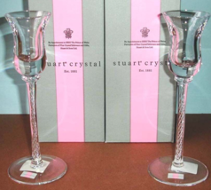 Stuart Crystal Iona Candlestick 2 Holders Air Twist Stems 8.25&quot; #140162 New - £46.50 GBP