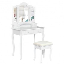 4 Drawers Wood Mirrored Vanity Dressing Table with Stool-White - Color: White - £143.46 GBP