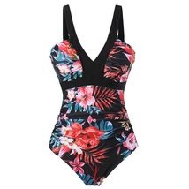 Vintage One Piece Swimwear for Women V-Neck Retro Beachwear Female Floral Print  - $29.35