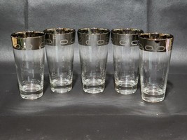 Vintage 6&quot; Iced Tea Beverage Glass - SILVER RIM &amp; LINK Set Of 5 - Unknown Maker - £18.75 GBP