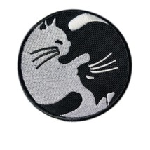 YIN YANG CATS IRON ON PATCH 3&quot; Round Embroidered Applique Black White Ze... - £3.94 GBP