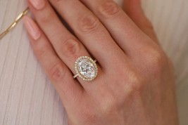 2.00Ct Simulated Oval Cut  Halo Engagement Ring 14k Yellow Gold Plated Silver - $118.79