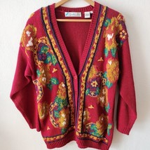 Vintage Chaus 80s Red Knit Floral Embroidered Cardigan Sweater Large Cot... - £23.59 GBP