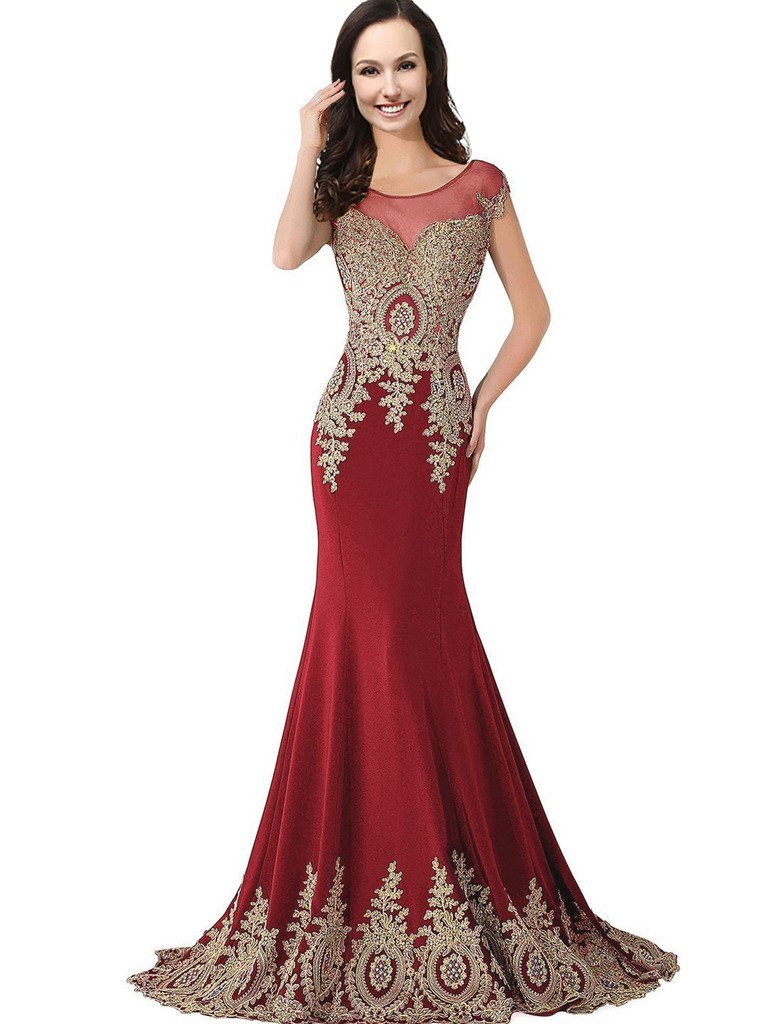 Sheer Bateau Long Mermaid Gold Lace Beaded Crystals Prom Evening Dresses Plus Si