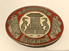 Vtg Korean War Veteran Red White Enamel Metal Belt Buckle USA Army Navy - £9.37 GBP