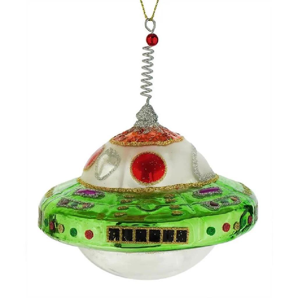 Primary image for FLYING SAUCER GLASS ORNAMENT 4.5" Green UFO Sci Fi Spaceship Christmas Tree
