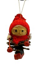 Vintage 1984 Pinecone Skier Christmas Ornament with Knitted Red Hat &amp; Scarf - £6.85 GBP