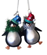 Vintage Pair of Glass Christmas Ornaments Penguin Tinsel Scarf Velvet Tux Glass - £14.61 GBP