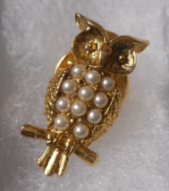 Gold Tone Owl on Tree Limb Brooch Pin Metal Ball Eyes 11 Faux Pearls on Tummy - £12.62 GBP