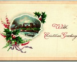 With Christmas Greetings Holly Cabin Scene Embossed DB Postcard G3 - $3.91