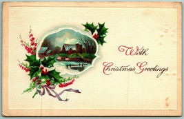 With Christmas Greetings Holly Cabin Scene Embossed DB Postcard G3 - £3.09 GBP