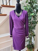 Glamour Women&#39;s Purple Solid Polyester V-Neck Long Sleeve Knee Length Dress 12 - £22.30 GBP