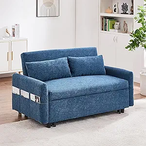 Merax, Blue 55.1&quot; Pull Out Sleep Sofa Bed Loveseats Couch with Adjsutabl... - £728.97 GBP