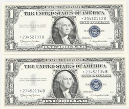 Lot of 2 Consecutive 1957 $1 Silver Certificate ☆ Star Notes UNC Condition - $156.48
