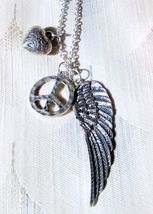 Silvertone Angel Wing Peace Symbol &amp; Heart Pendant Charm Necklace 18-21&quot; - £5.50 GBP