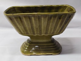 Vintage Mid-Century USA Footed Pottery Planter Olive Ribbed Ceramic 8&quot; x 4&quot; - $12.85