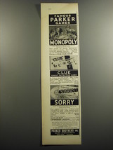 1952 Parker Brothers Games Advertisement - Monopoly, Clue, Sorry - £14.77 GBP