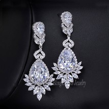 Luxury Royal Blue Water Drop CZ Crystal Women Wedding Jewelry Long Bridal Earrin - £18.01 GBP