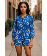 Fleur Bleue Blue Floral Romper Women’s Size 8 Long Sleeve Belted One Pie... - €17,16 EUR