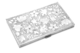 Vintage Volupte 1940s Cigarette Case Pewter Enamal Lined Usa Engraved Floral - £73.99 GBP