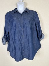 a.n.a. Womens Plus Size 1X Blue Chambray Pocket Button-Up Shirt Roll Tab Sleeve - £14.11 GBP