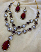 Indian Style Gold Forming Bollywood Necklace Kundan CZ Ruby Jewelry Set - £150.12 GBP
