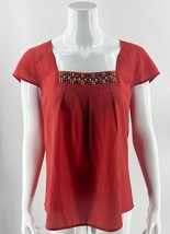 Ann Taylor LOFT Top Size M Coral Pink Square Neck Beaded Cap Sleeve Womens - £8.31 GBP