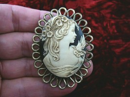 CL15-3) Lacy LADY woman BIRD ivory + black oval scrolled CAMEO brass Pin Pendant - £27.20 GBP