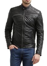 Men&#39;s Genuine Lambskin Leather Jacket Black Slim fit Motorcycle jacket - MJ058 - £93.92 GBP