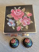 Vintage Embroidery Rose Tapestry Earrings &amp; Compact Mirror Set - £7.83 GBP
