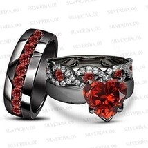 3.10CT Heart Cut Simulated Garnet Trio Ring Set Gold Plated 925 Silver - £116.28 GBP