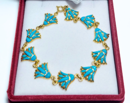 Egyptian Turquoise Lotus Flower Bracelet Stamped 18K Yellow Gold Pharaon... - £869.27 GBP