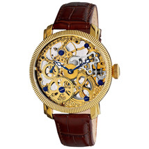 New Men&#39;s Akribos XXIV AK418YG Gold-tone Skeleton Mechanical Brown Leather Watch - $150.00