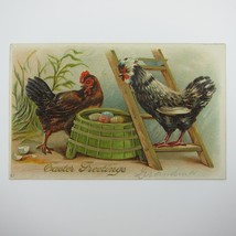 Easter Postcard Rooster Chicken Decorated Eggs Green Basket Embossed Antique - £7.85 GBP
