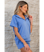 Sky Blue Casual Zipped Short Sleeve Hoodie and Shorts Set - $709.38 MXN