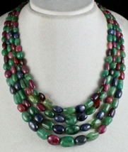 Natural Emerald Ruby Blue Sapphire Beads 4L 886 Ct Old Gemstone Antique Necklace - £3,741.39 GBP