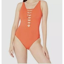 Bleu Rod Beattie Lace Up Plunge One Piece Swimsuit Coral Chic Orange 8 - $38.57
