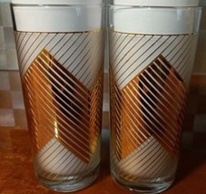 Vintage Culver Gold Chevron Design Over White Frosted Cocktail Glasses L... - $24.75