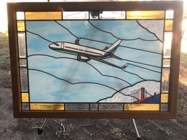 Vintage Huge Stained Glass 737 Jet Airplane &amp; San Francisco Golden Gate Bridge - £1,094.57 GBP