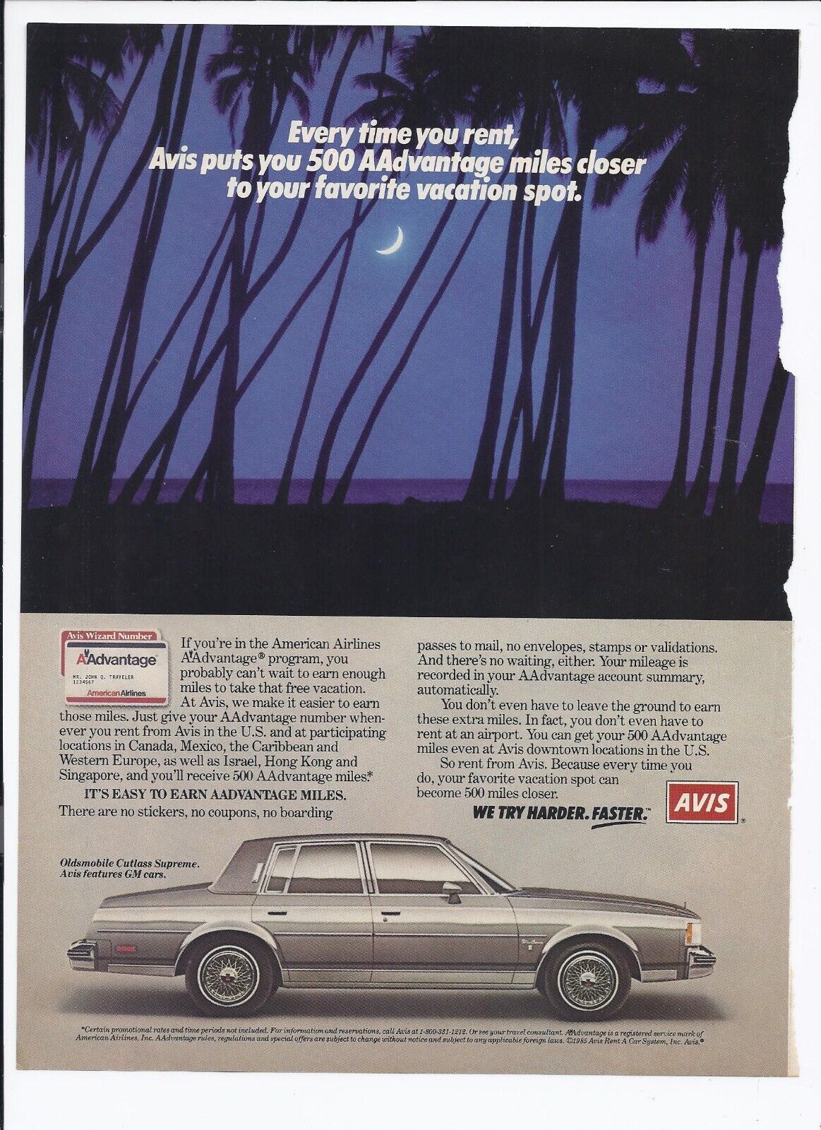 1985 Avis Car Rental Print Ad Automobile Car Oldsmobile Cutlass 8.5&quot; x 11&quot; - $19.95
